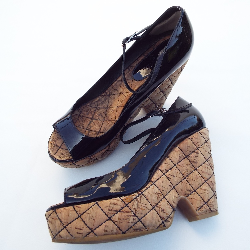 Chanel Quilted Patent Leather CC Wedge Pumps
